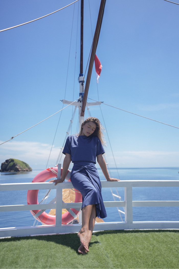 Plus Size Friendly Modest Swim Skirt – Sofia in Navy Shiny, designed to flatter all body types