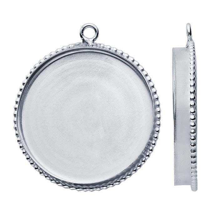 Sterling Silver 6mm- 20mm Round Beaded-Edge Cabochon Pendant Mounting with Ring, Round Cab (Cabochon) Pendant Setting, Custom