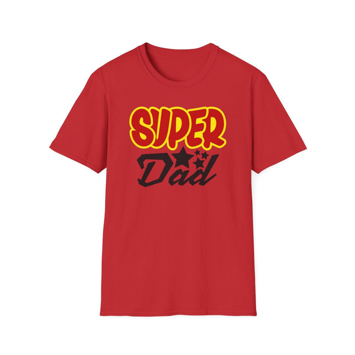 light blue t-shirt detail showing super dad print quality