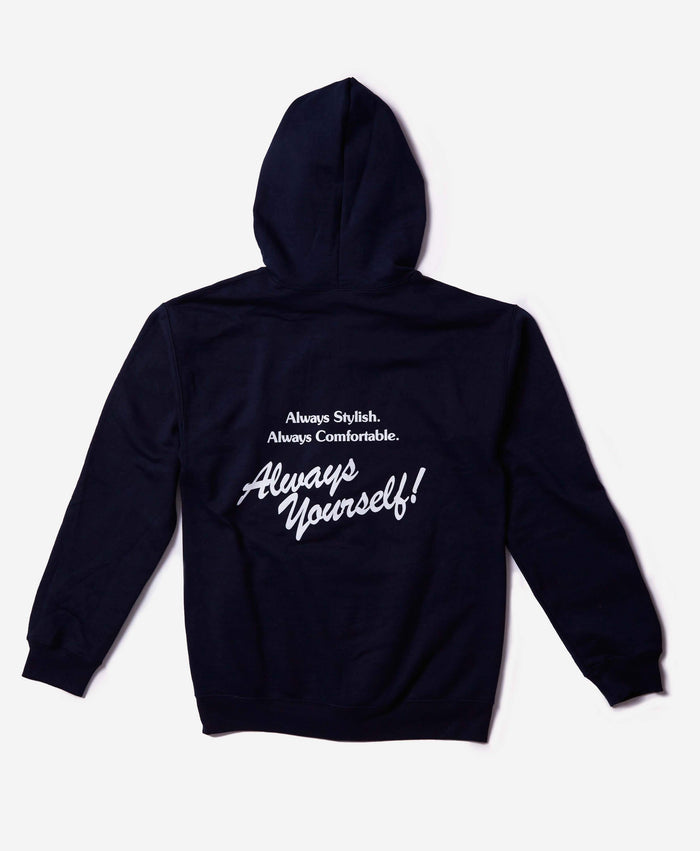 Flat lay of the Always Full Zip Hoodie Sweatshirt in Navy, displaying the back of the hoodie with the Andie motto printed in white text