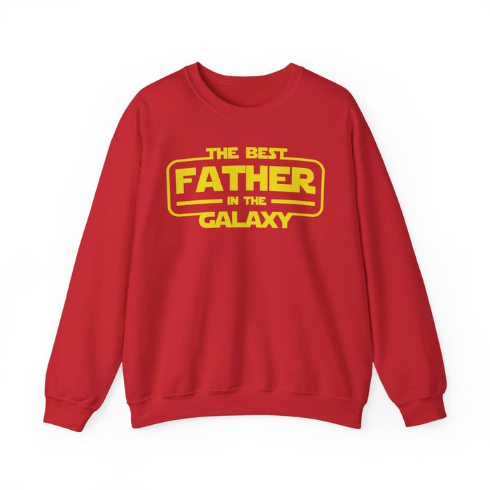 red sweatshirt with best father in the galaxy bold design