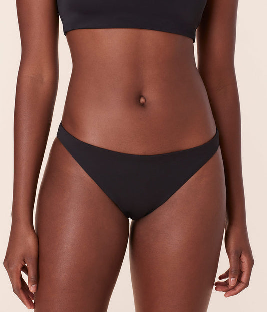 Front view of Andie Swim Cheeky Bottom in black, offering cheeky seat coverage and high leg cut, perfect for poolside lounging.