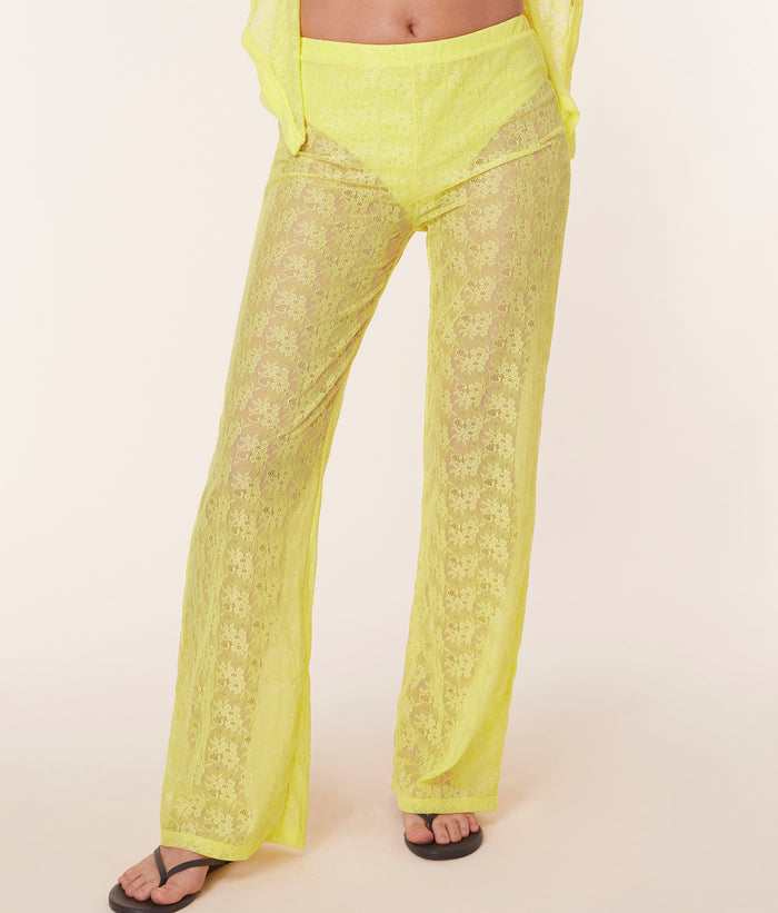 Andie Swim Suva Pant in Limeade, high-rise relaxed leg sheer lace cover-up paired with a matching Suva Top