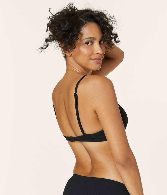 Back view of The Valencia Top - Ribbed - Black featuring a back closure and cross-back convertible straps