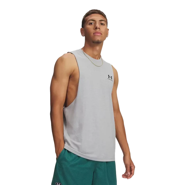 UA Men's Left Chest Cut-Off Tank Gray Color.