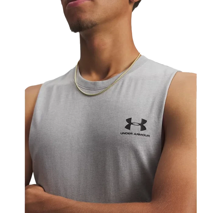 UA Men's Left Chest Cut-Off Tank Gray Color.
