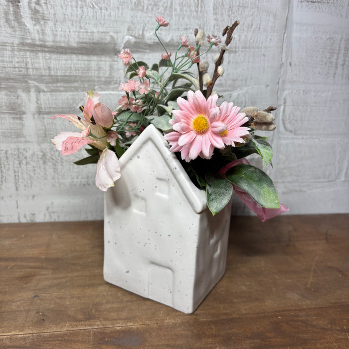 White Ceramic House Vase with Faux Flowers