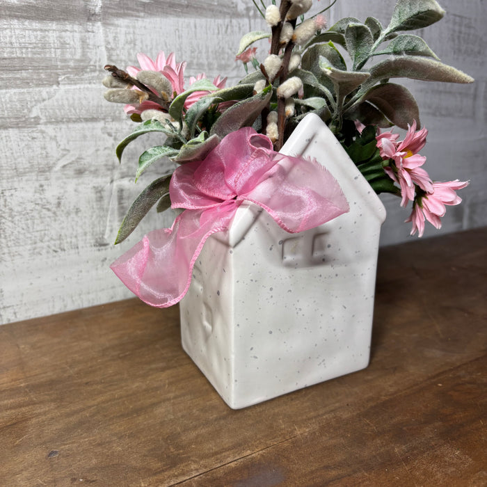 White Ceramic House Vase with Faux Flowers