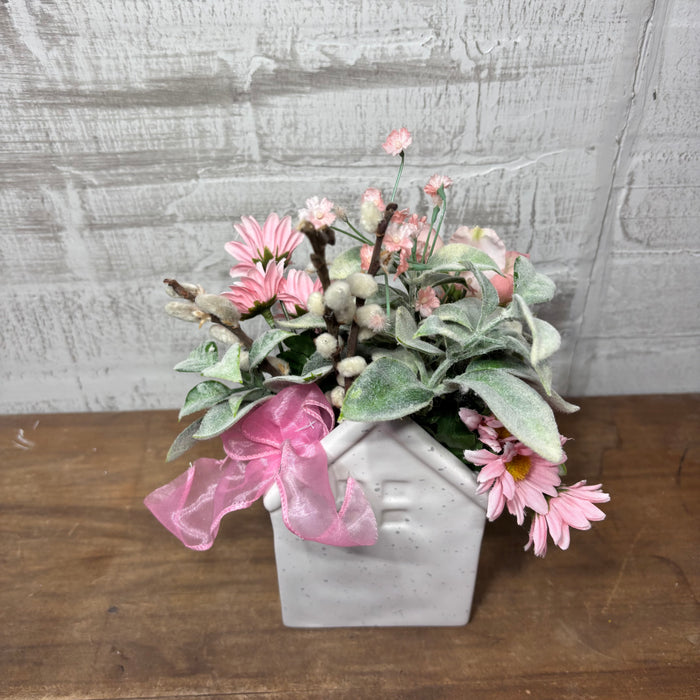 White Ceramic House Vase with Faux Flowers