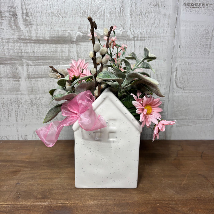 White Ceramic House Vase with Faux Flowers