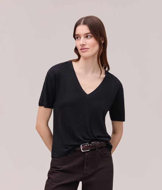 Womens Linen Jersey V Neck Tee | Black