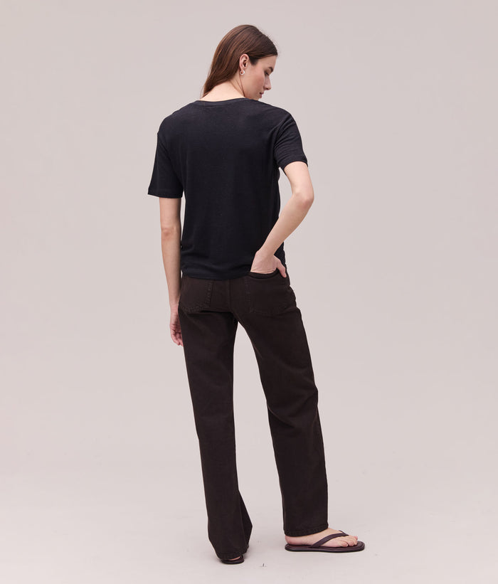 Womens Linen Jersey V Neck Tee | Black