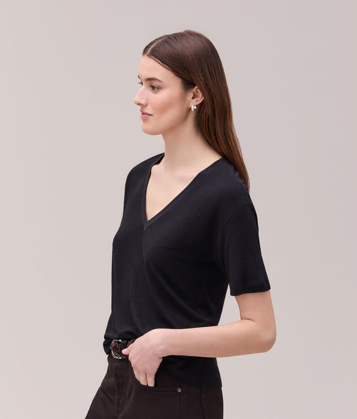 Womens Linen Jersey V Neck Tee | Black