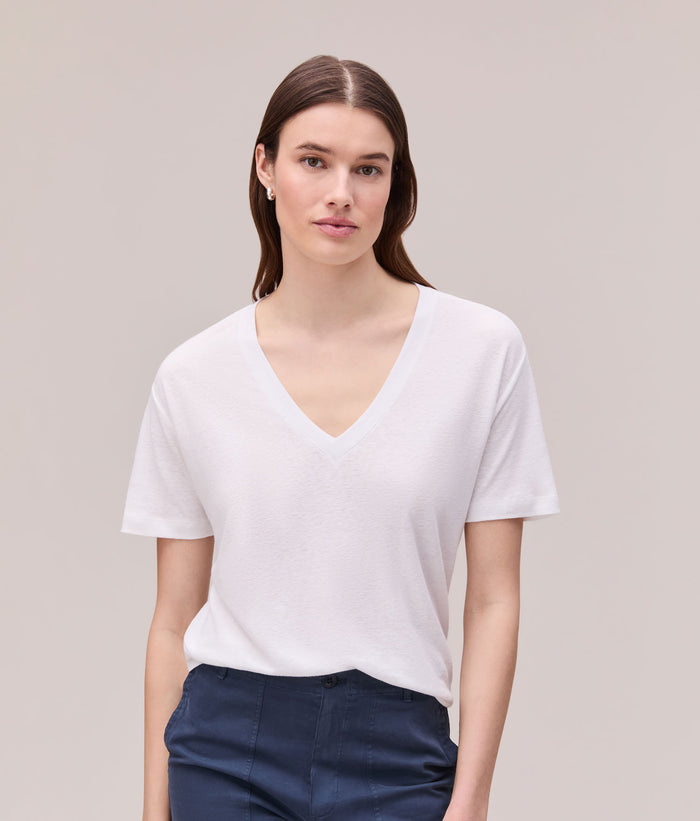Womens Linen Jersey V Neck Tee | White