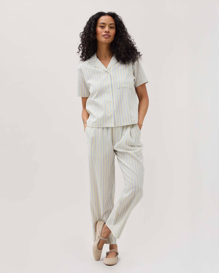 Womens Palermo Short Sleeve Camp Shirt - Poly Seer Sucker Stripe - Vanilla Blue Stripe
