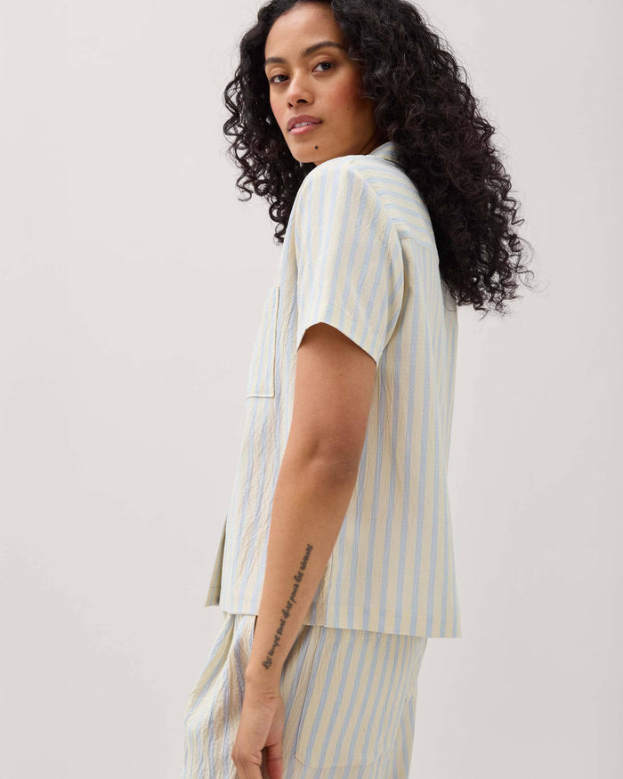 Womens Palermo Short Sleeve Camp Shirt - Poly Seer Sucker Stripe - Vanilla Blue Stripe