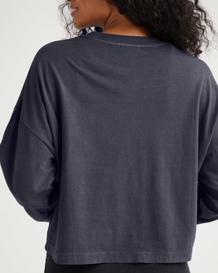 Womens Relaxed Crop Long Sleeve Tee - Pigment Dye Jersey - Blue Steel