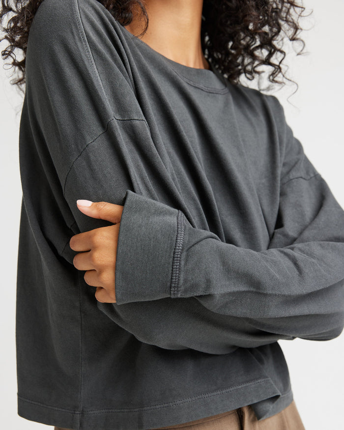 Womens Relaxed Crop Long Sleeve Tee - Pigment Dye Jersey - Stretch Limo
