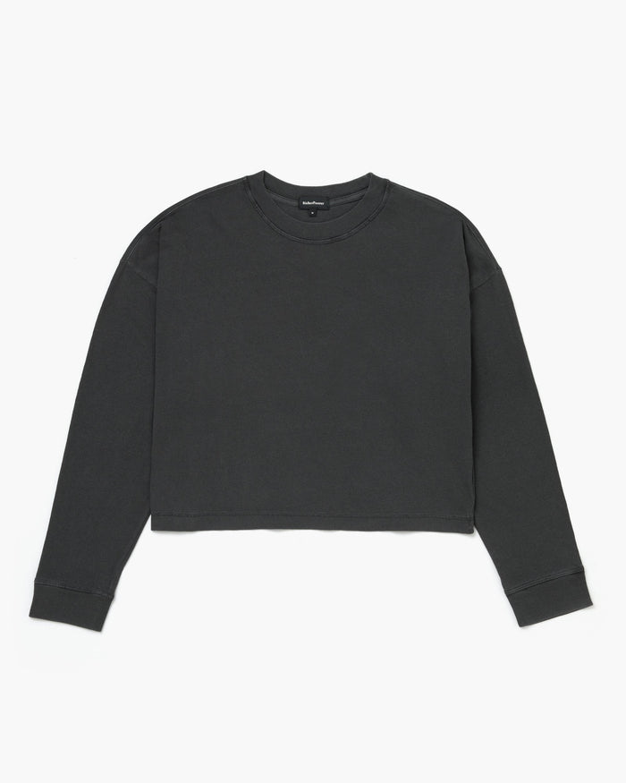 Womens Relaxed Crop Long Sleeve Tee - Pigment Dye Jersey - Stretch Limo
