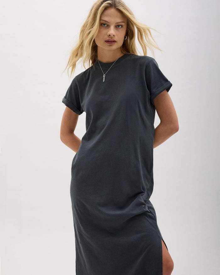 Womens Relaxed Tee Maxi Dress - Pigment Dye Jersey - Stretch Limo
