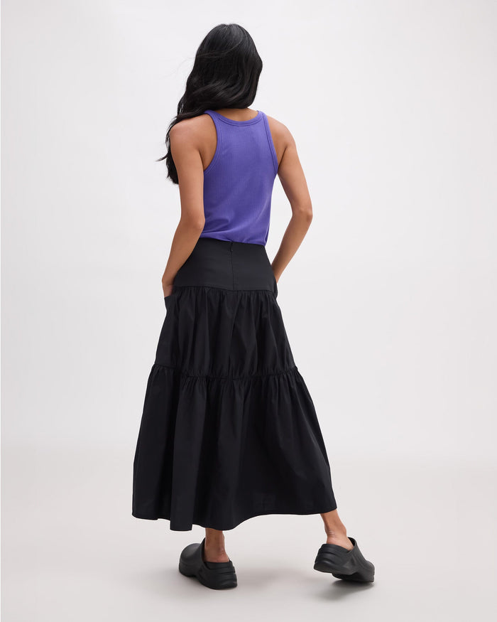 Womens Stevie Tiered Maxi Skirt - Cotton Poplin - Black