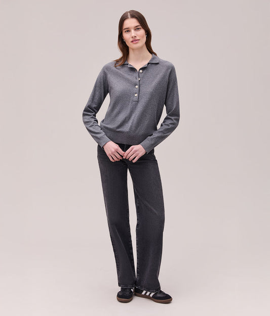 Womens Washable Cotton Silk Henley | Charcoal Heather Grey